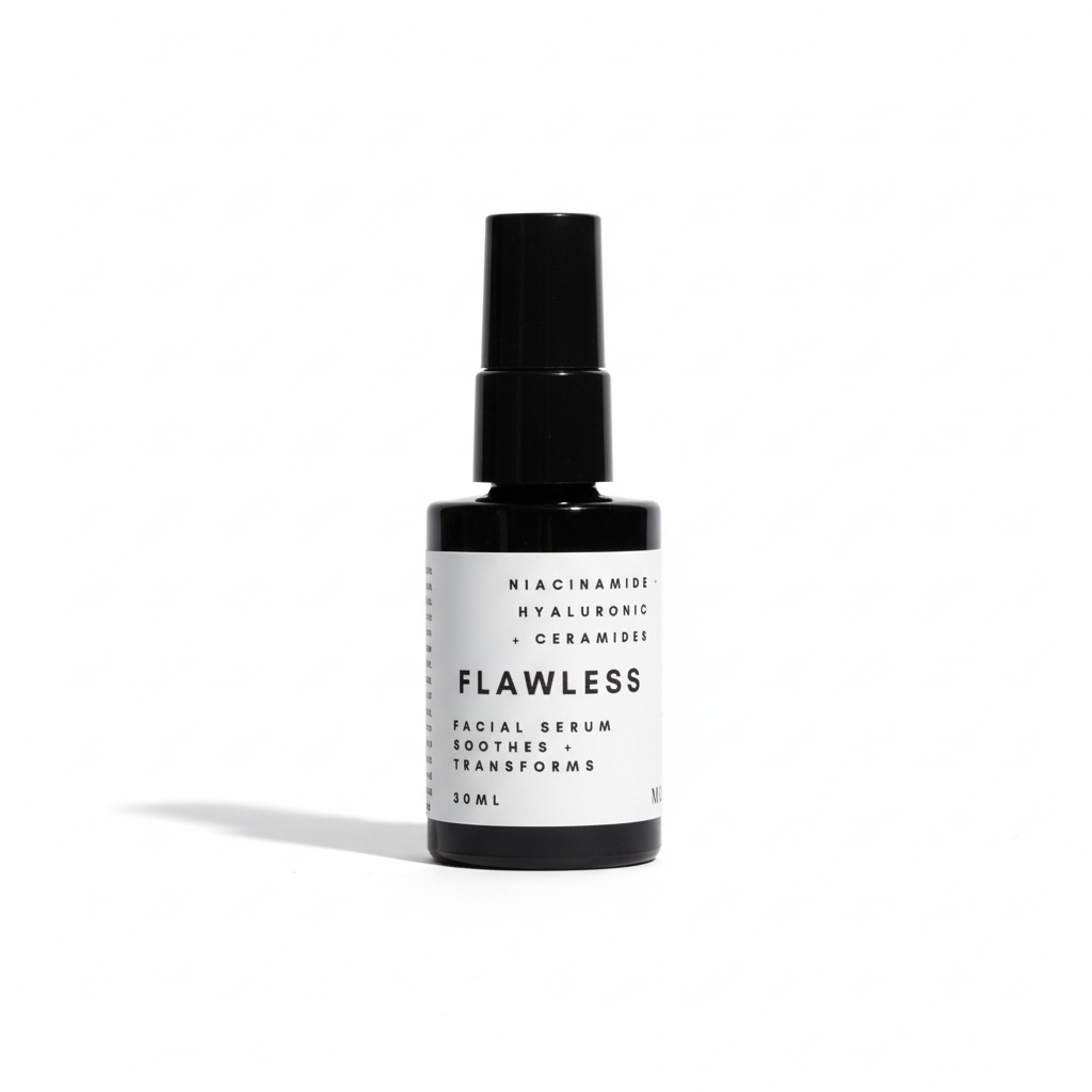 Bottle of Malia Skincare Flawless Skin Serum infused with Niacinamide Hyaluronic Acid and Ceramides