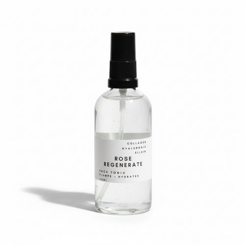 Bottle of Malia Skincare Rose Regenerate Collagen Skin Tonic. Organic Rose water tonic infused with hyaluronic acid and plant derived collagen to refresh and tone the skin. 